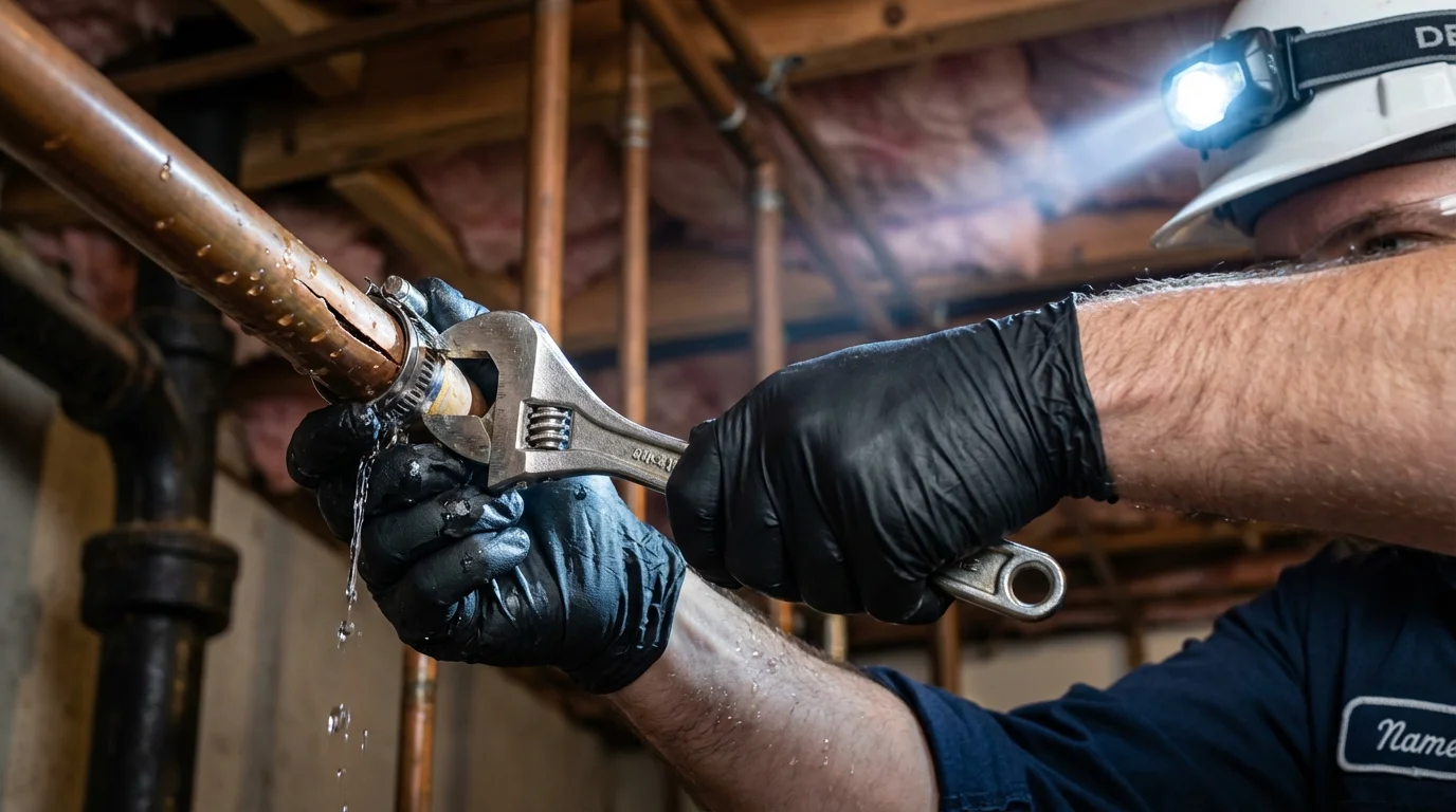 Emergency pipe clamp repair being performed by a Johns Plumbing LLC plumber in Hobbs