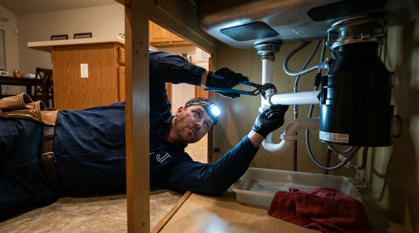 P-trap and supply line connections under a kitchen sink showing a common leak point in Hobbs, NM